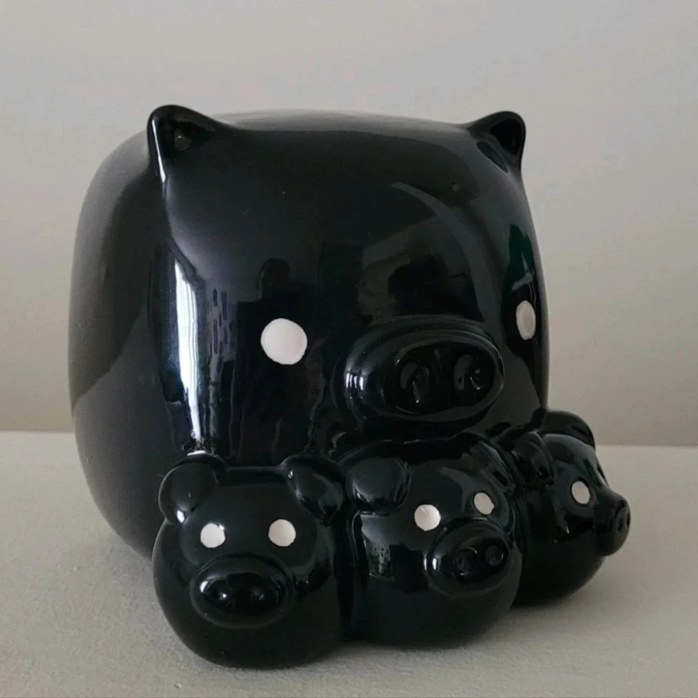 Y2K Piggy Coin Bank Black Pig Mom 3 Baby Pigs Square Whimsical Farmhouse pop art